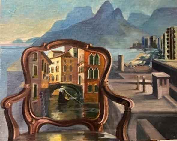 “Cadeira em Ipanema com saudade de Veneza” RJ, 1982 - Óleo sobre tela - 73X91CM